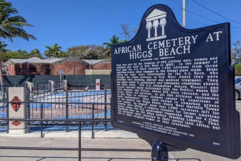 African Cemetery at Higgs Beach historic landmark with interpretive sign in Key West, Florida.